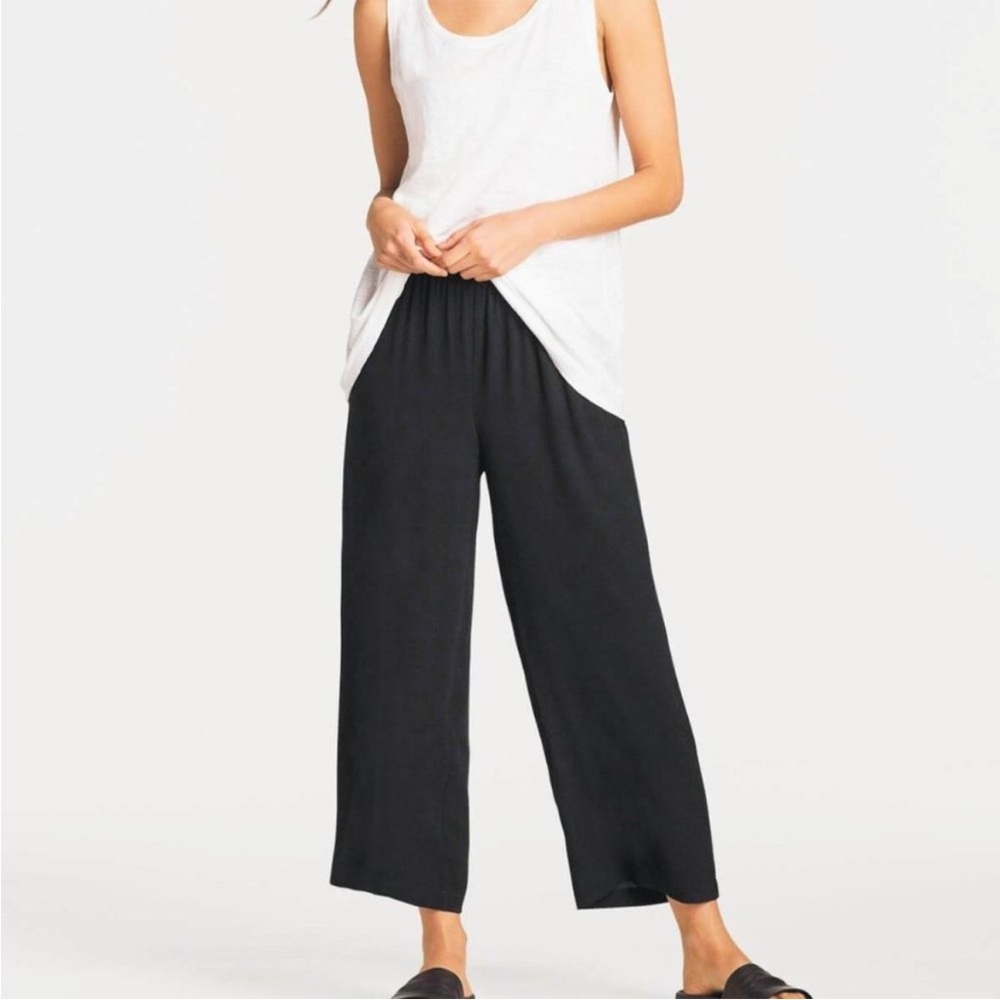 Eileen Fisher 100% Silk Crepe Crop Pants Black Large